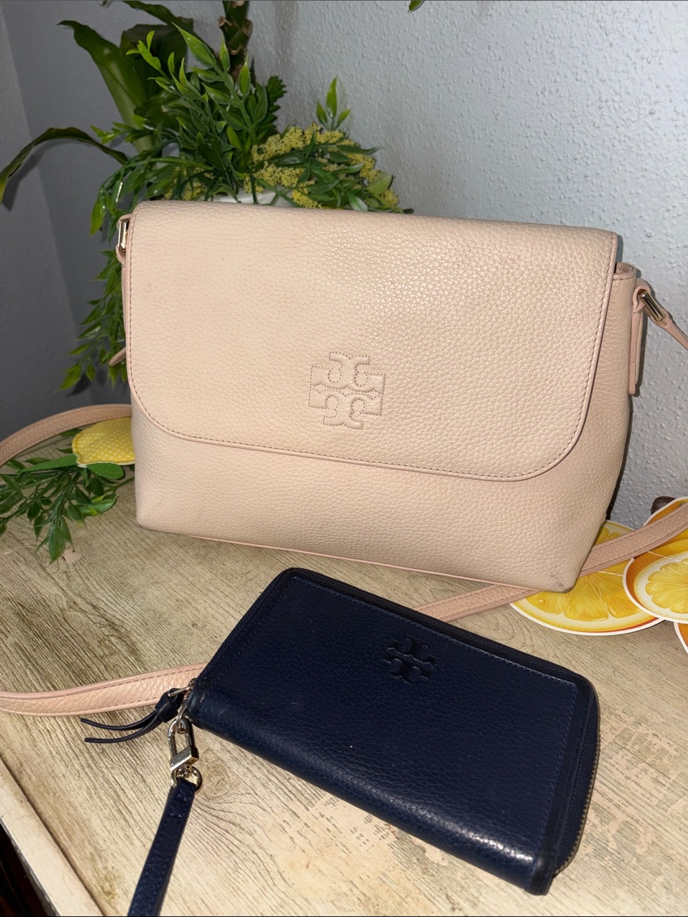 Tory Burch Bundle Blush Pink Leather Crossbody with Navy Wallet